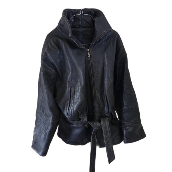 Tibor Leathers Vintage Black Leather Jacket Belted with Pockets - Picture 1 of 4